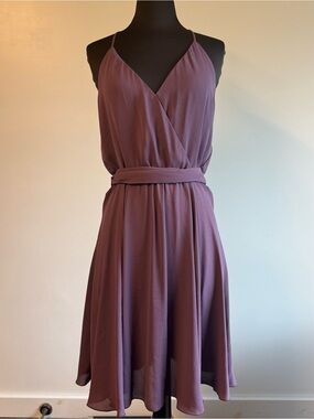 Spaghetti-Strap Wrap Midi Dress in Mauve with Waist Sash